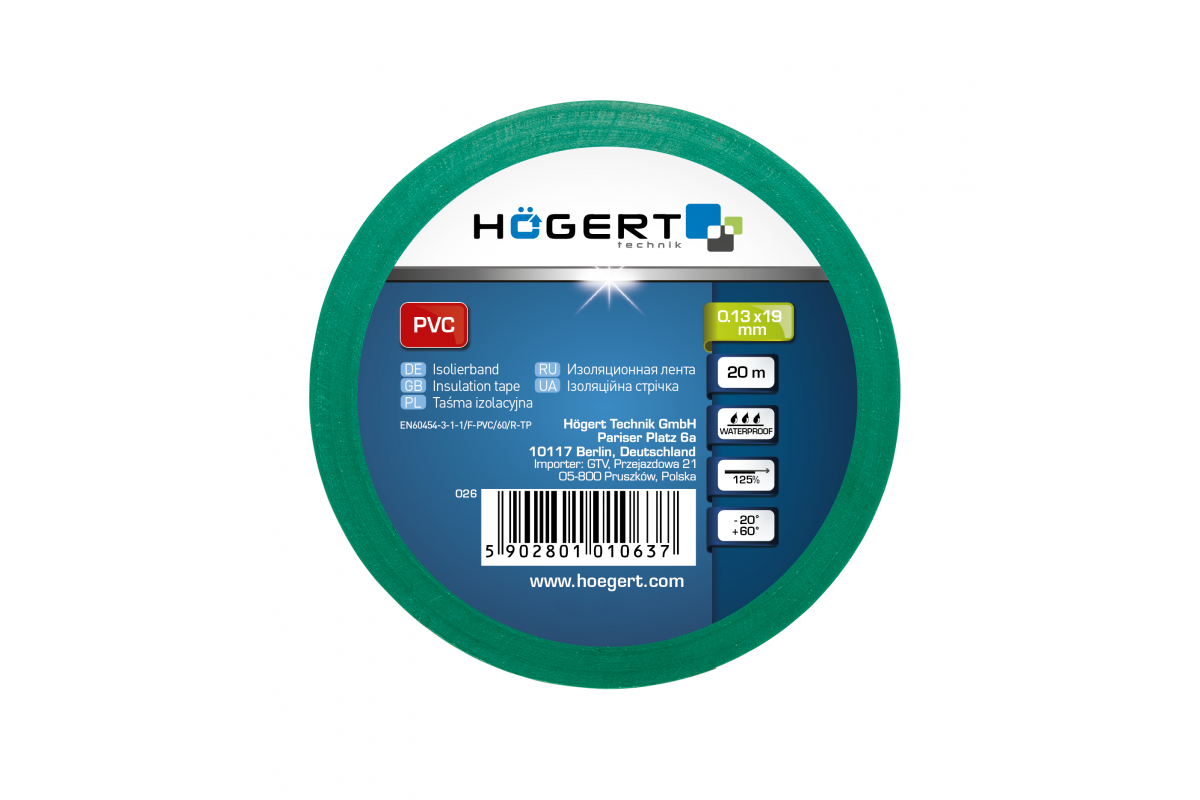 Izol. lenta HOGERT 19mm/20m zaļa HT1P284