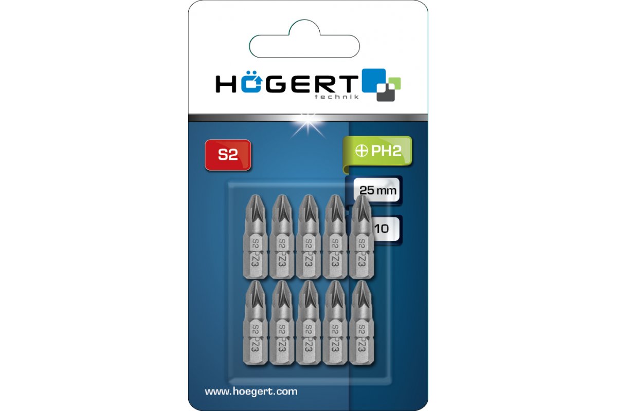 PH2 uzgaļi, 25 mm, S2 tērauds, 10 gab. HOEGERT