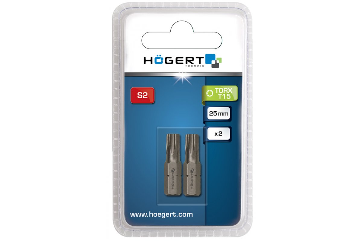 T15 – 25 mm TORX uzgaļi, tērauds S2, 2 gab. HOEGERT