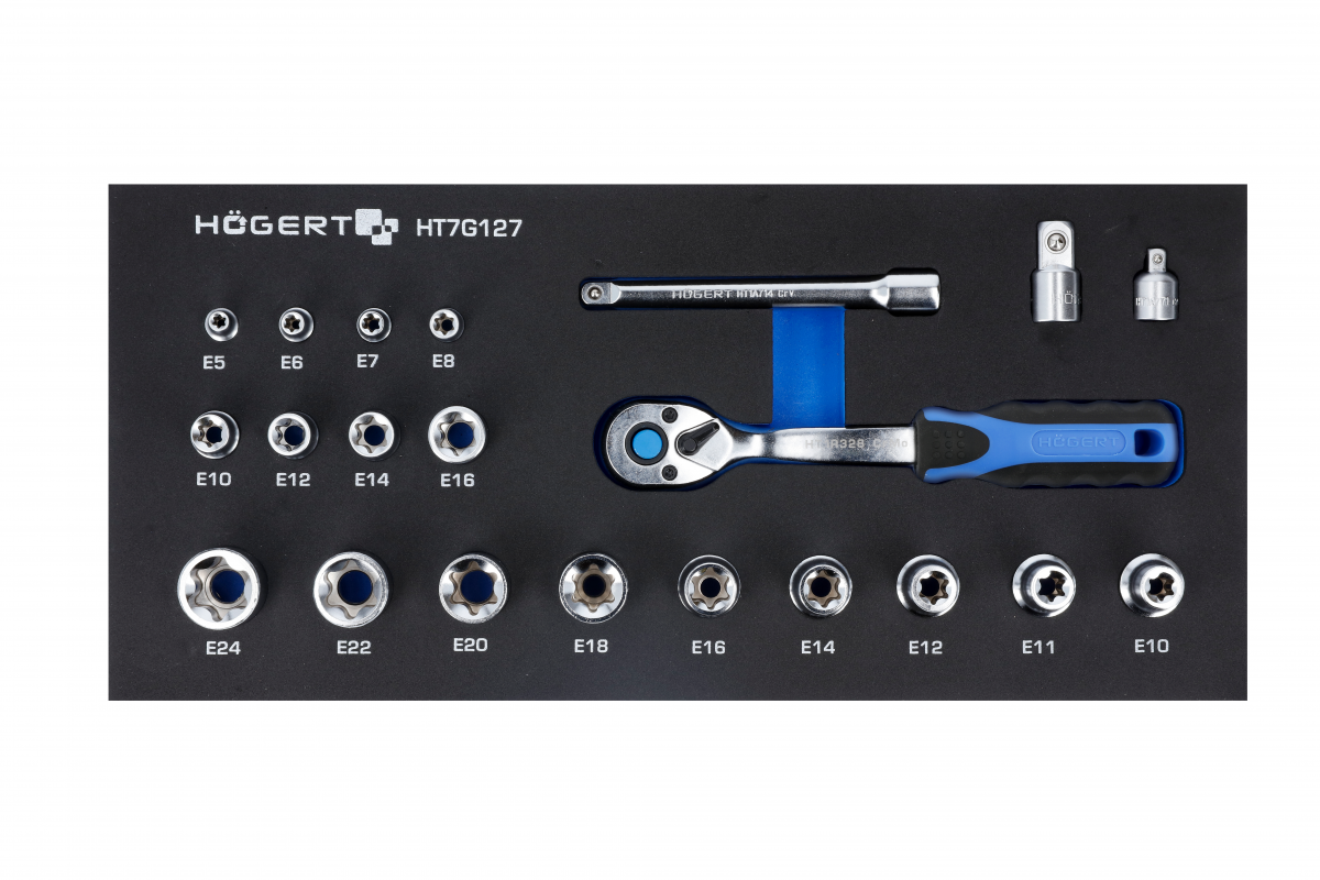 Reversatslēgas un uzgaļu komplekts 3/8 “, 22 gab., EVA HOEGERT