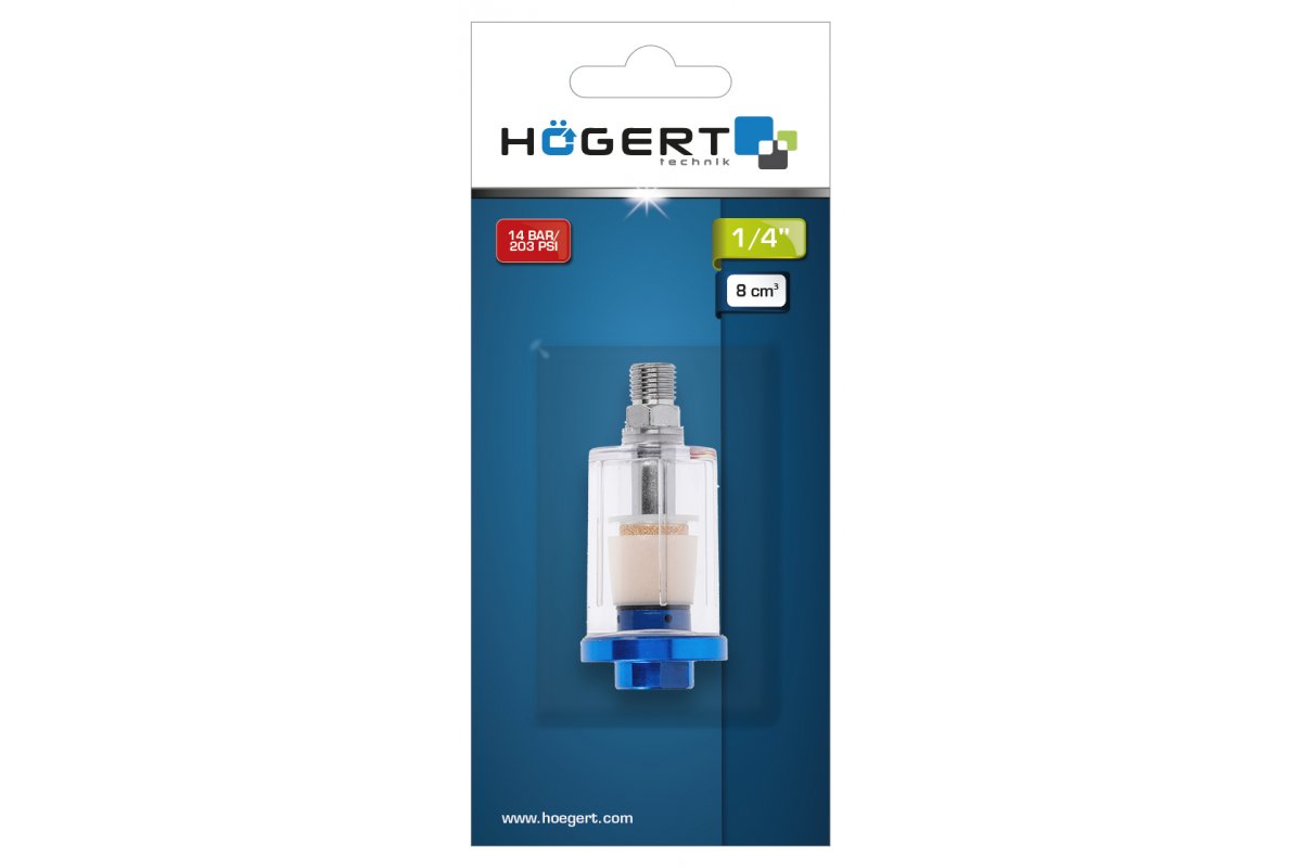 HOEGERT pneimatiskais filtrs 1/4″, 8cm³, 14 bar/203 PSI HT4R870