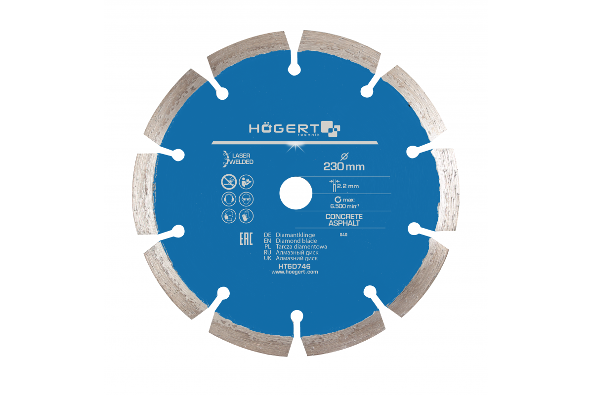 HOEGERT Dimanta griešanas disks 230 x 2,2 x 22,2 mm, turbo, lāzermetināts HT6D746 - Image 2