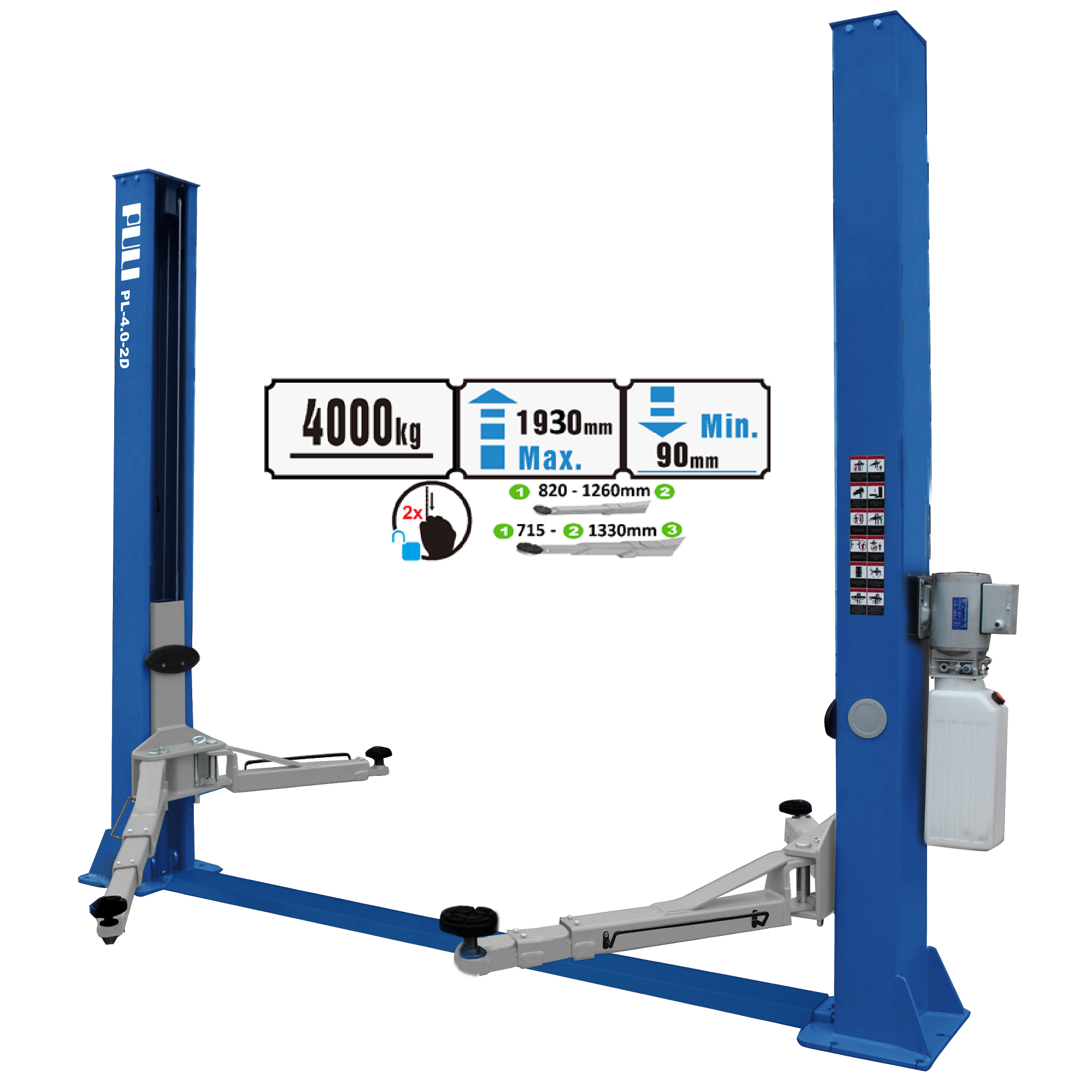 Divu stabu hidrauliskais pacēlājs (3 pakāpju aizmugurējās sviras), 4.0t