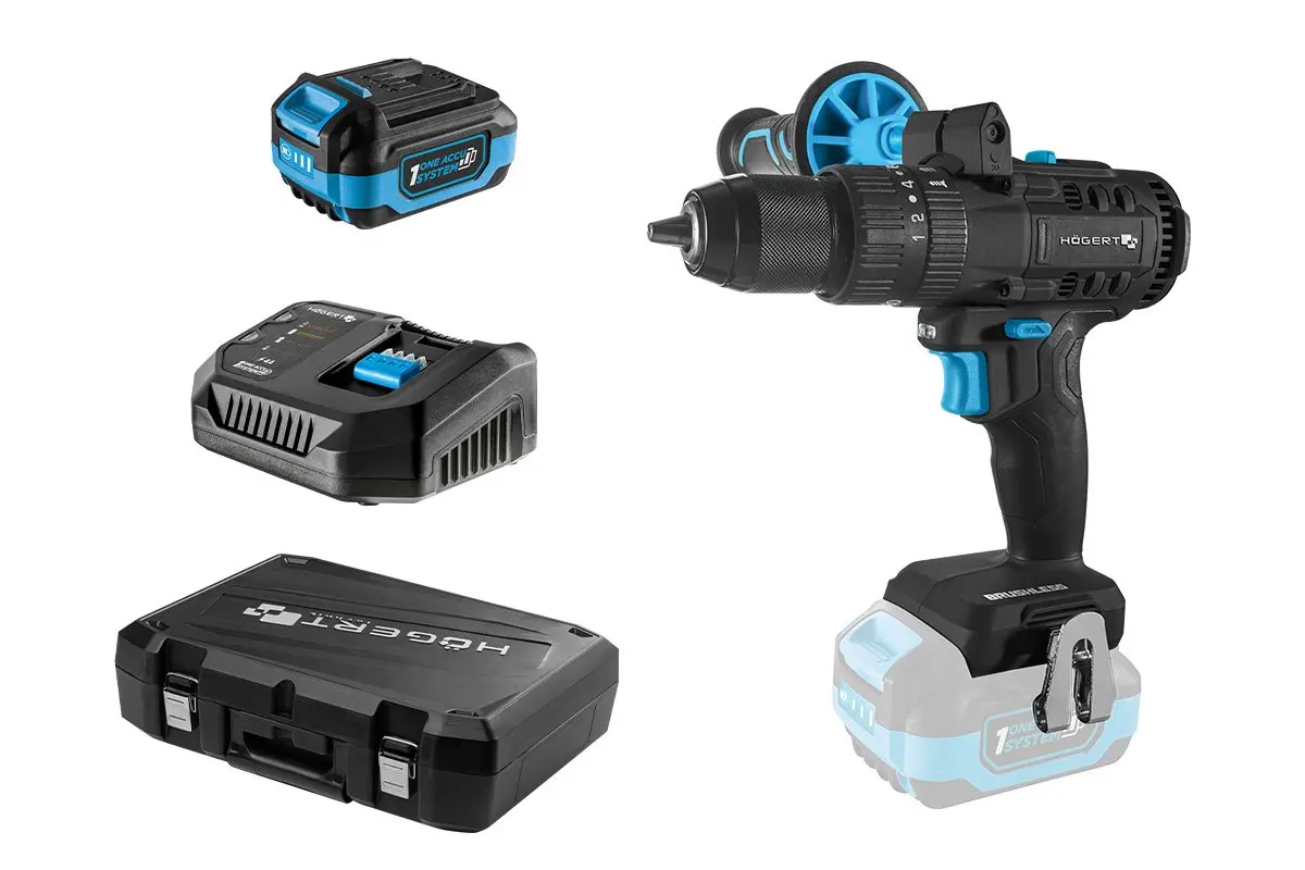 Bezoglīšu bezvadu triecienurbjmašīna 18V, 80 Nm, 13 mm metāla patrona, HT2E247-B14PD, HOGERT