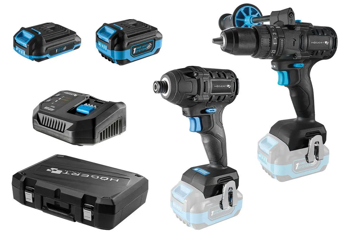 Bezvadu bezsuku skrūvgriežu un urbjmašīnu komplekts, 18V, 200 Nm, HT2E248-B224IPD, HOGERT