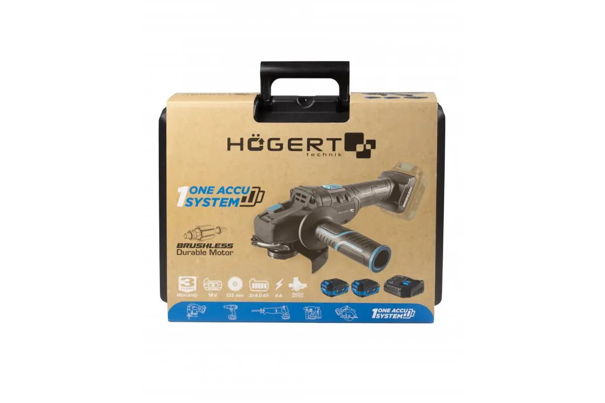 Bezvadu leņķa slīpmašīna 125mm, 18V, bezsuku motors, HT2E250-B24AG, HOGERT