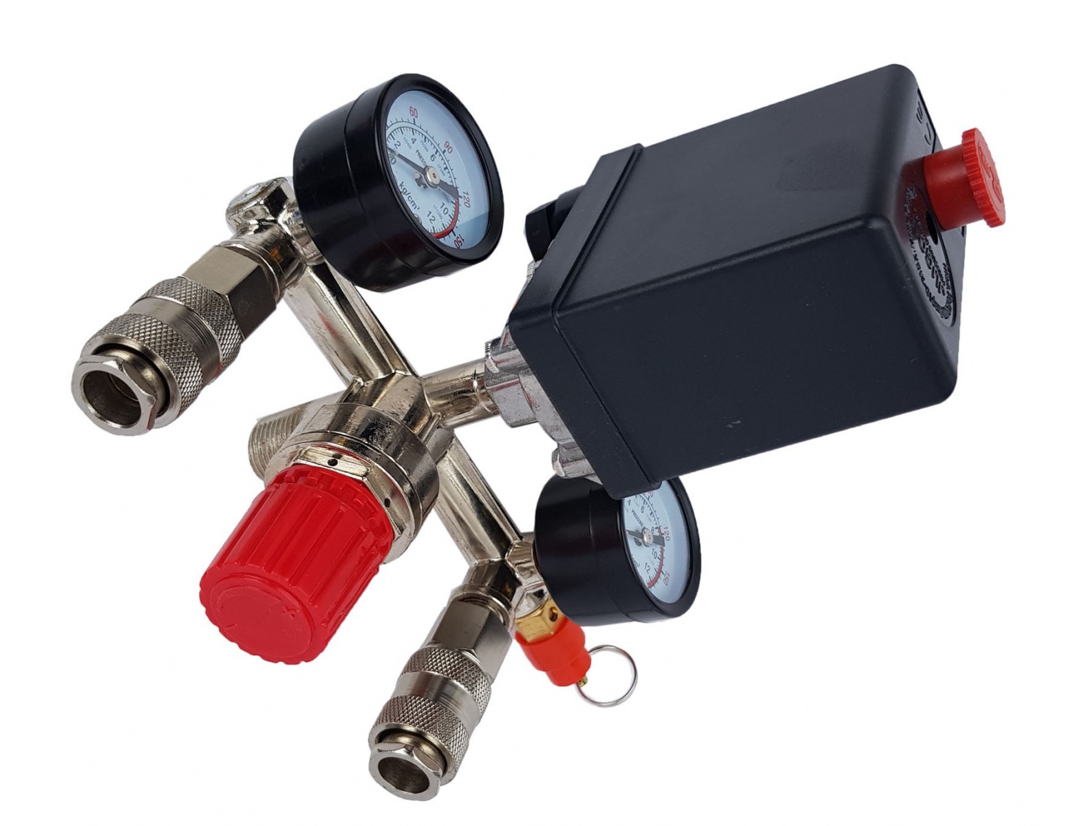 Kompresora regulators ar spiediena slēdzi un manometriem | 230 V (SK10681)