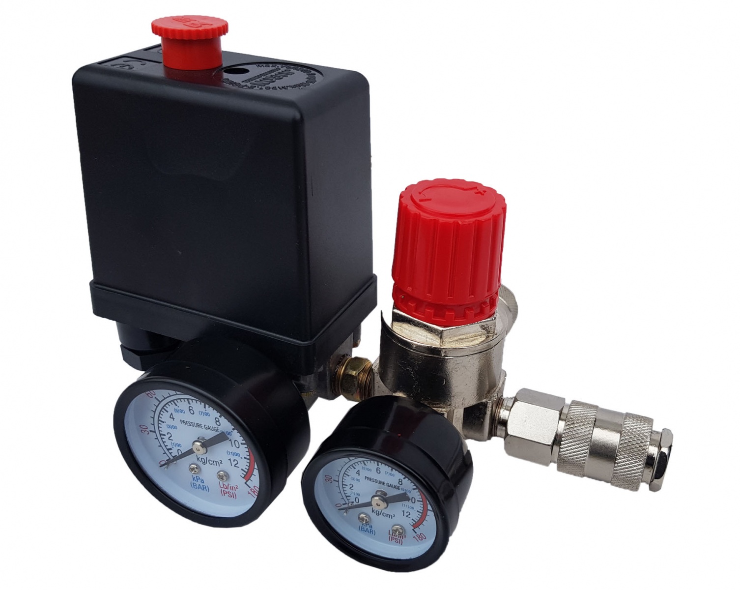 Kompresora regulators ar spiediena slēdzi un manometriem | 230 V (SK10677)