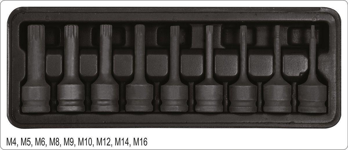 Trieciena uzgaļu komplekts | 12,5 mm (1/2 collas) | Spline (XZN) M4 — M16 | 9 gab. (YT-10691)