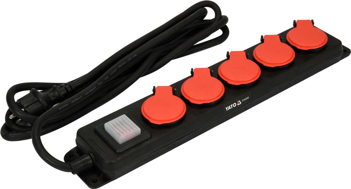 Elektrības pagarinātājs | 5 kontaktligzdas | ar slēdzi un vāciņiem 1,5 mm² | 3 m (YT-81242)