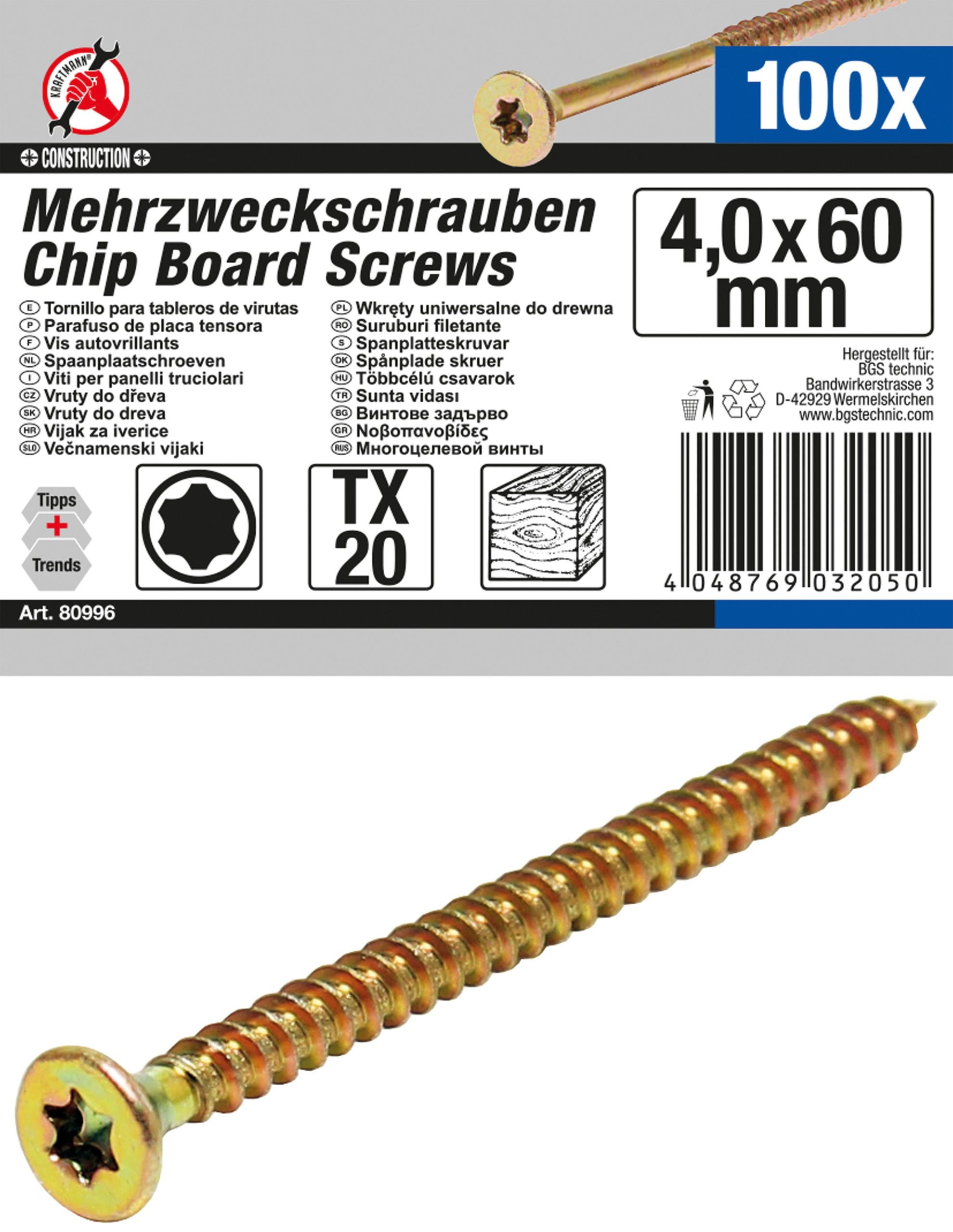 Daudzfunkcionālas skrūves | T-Star (Torx) T20 | 4,0 x 60 mm | 100 gab. (80996)