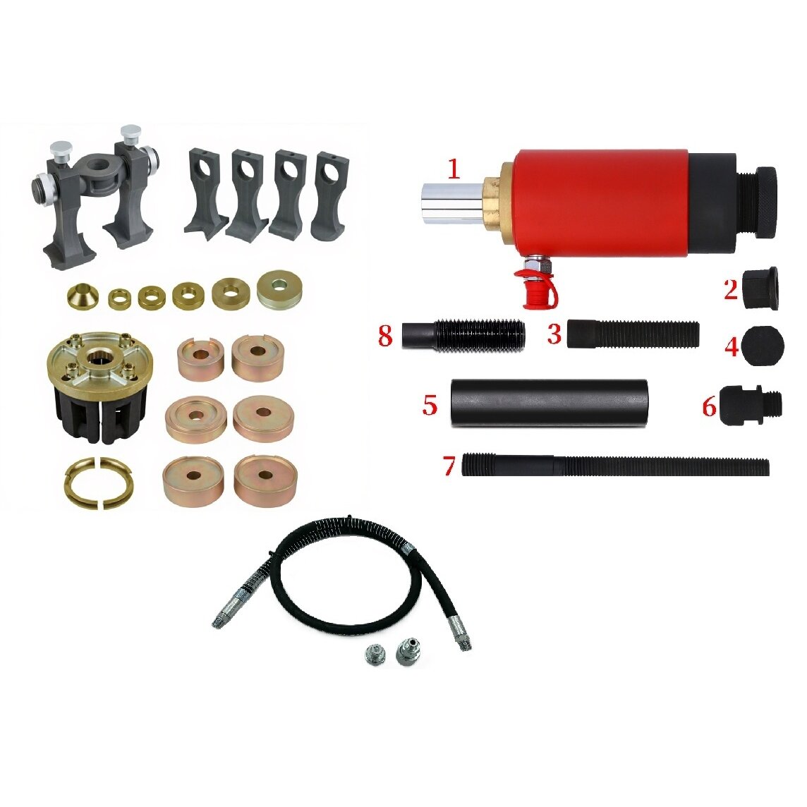 Riteņu gultņu noņemšanas/uzstādīšanas komplekts ar hidraulisko cilindru un savienojumu komplektu 46gab